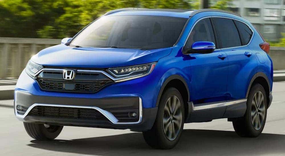 A blue 2022 Honda CR-V is shown from the front at an angle after leaving a Le Roy Honda CR-V dealer.