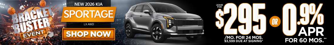 2026 Kia Sportage LX AWD	"Lease for $295/mo for 24 months $3,599 due at signing* OR 0.9% APR for 60 months**"