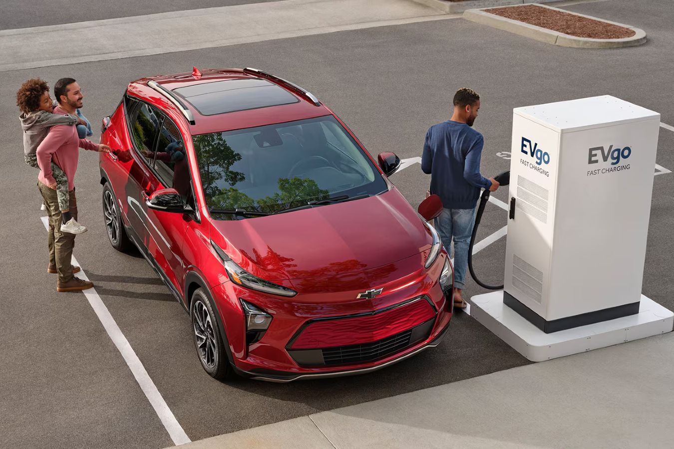 Family Using Level 3 Charging on Chevy SUV in Parking Lot