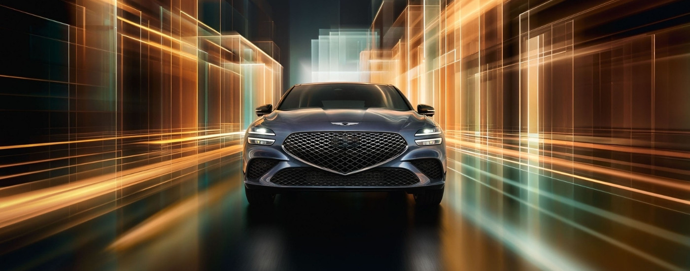 Grey 2026 Genesis G70 driving through a futuristic scene