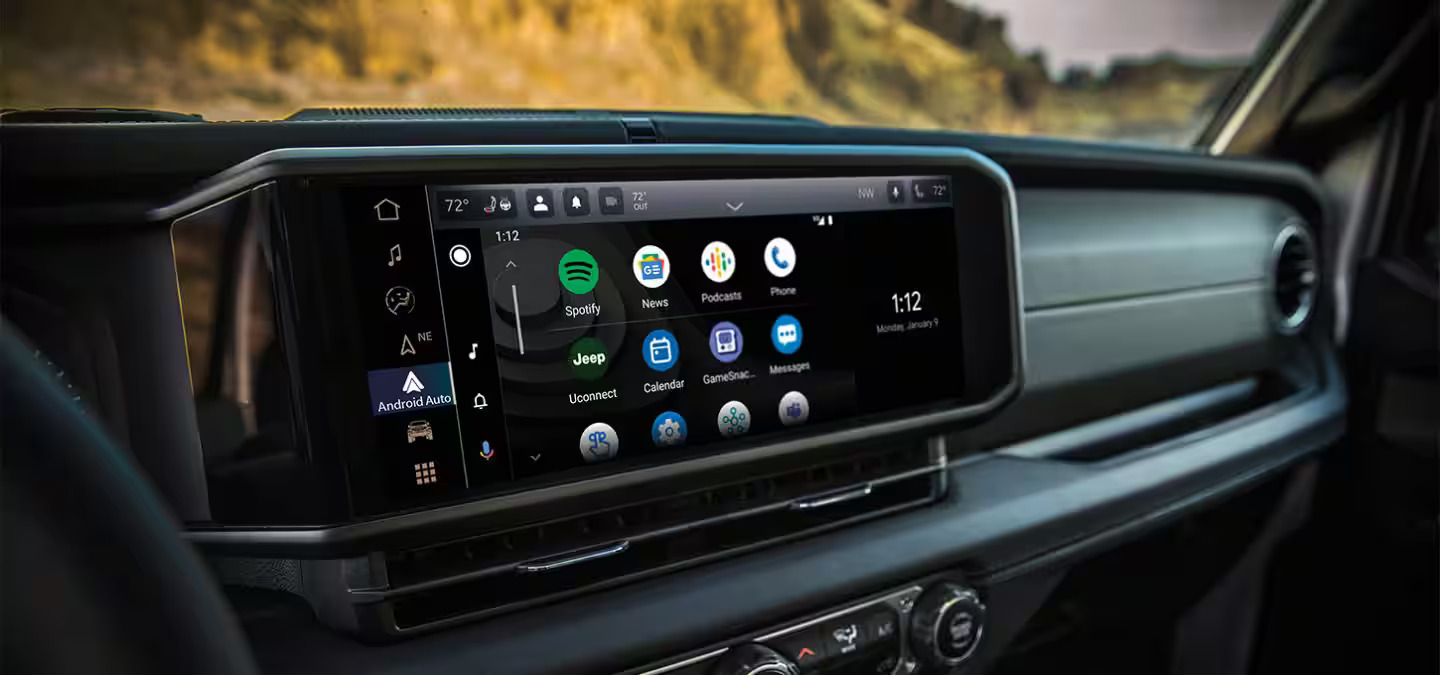 The front display screen in a jeep wrangler.