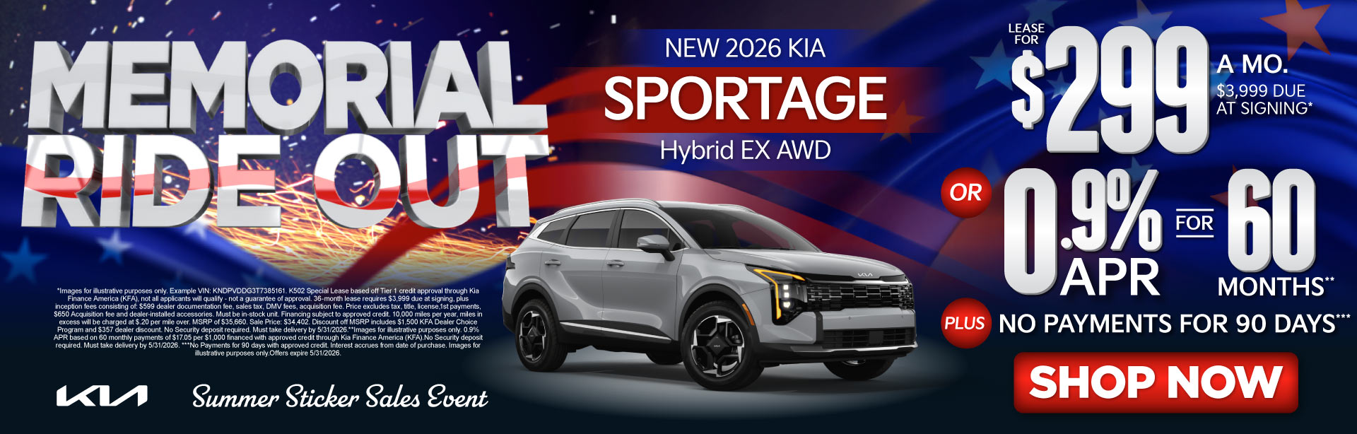 NEW 2026 Kia Sportage Hybrid EX AWD	"LEASE FOR $299/MO with $3,999 due at signing* OR 0.9% APR for 60 months** PLUS, NO PAYMENTS FOR 90 DAYS***"