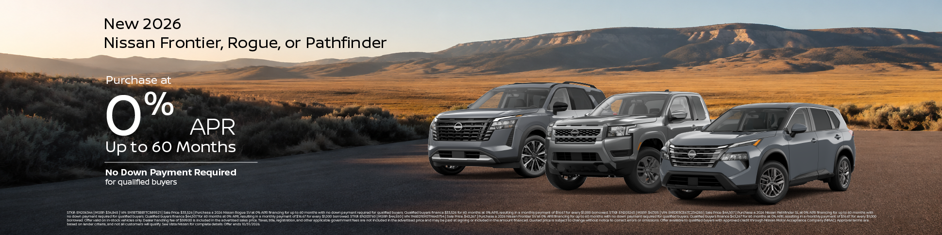 Purchase at 0% APR Up to 60 Months New 2026 Nissan Frontier, Rogue, or Pathfinder