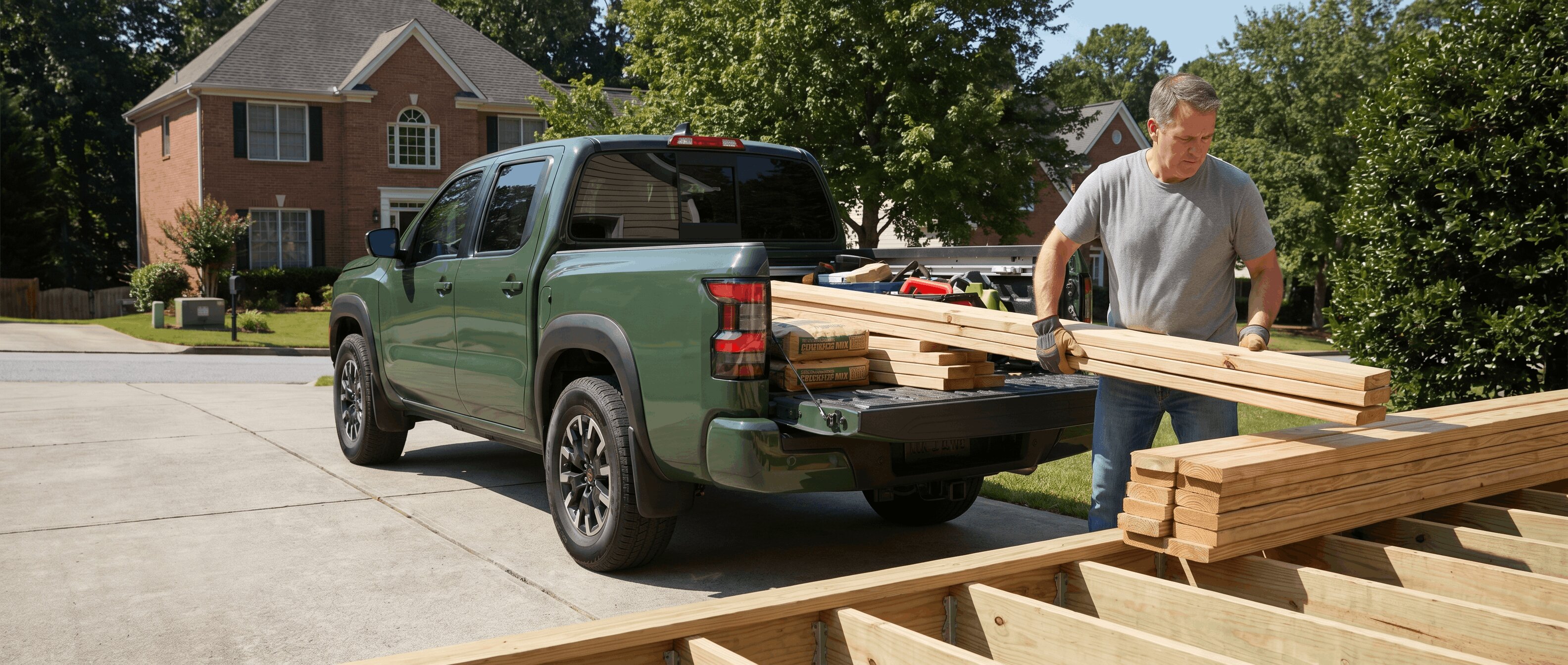 Nissan Frontier hauling home improvement supplies in Roswell, GA