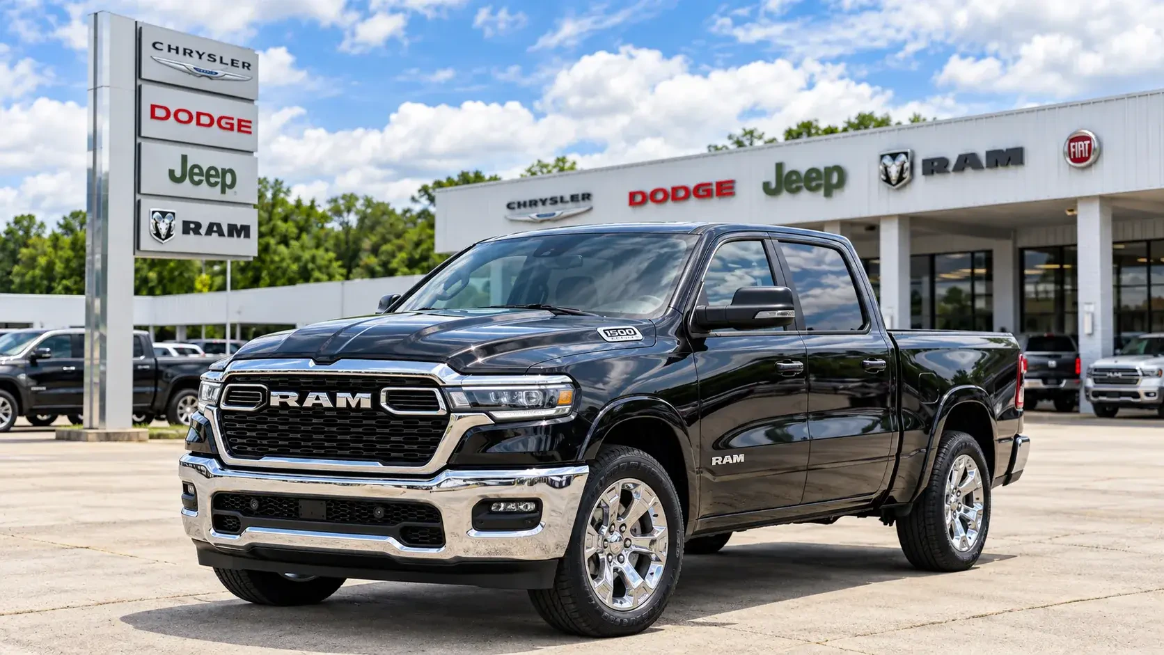 Illustration of a RAM 1500 pickup outside a dealership