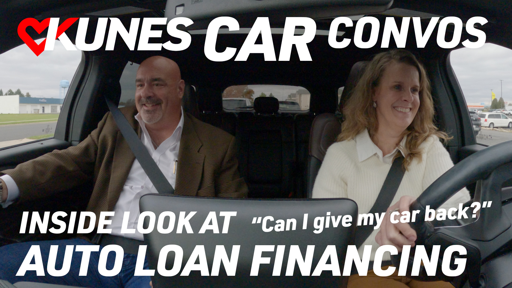 Pictured left to right: Kunes Auto & RV Group's Director of Finance, Scot Hensel, and Director of Marketing, Jen Myers; Text reads: Kunes Car Convos; Inside look at "Can I give my car back?" Auto Loan Financing