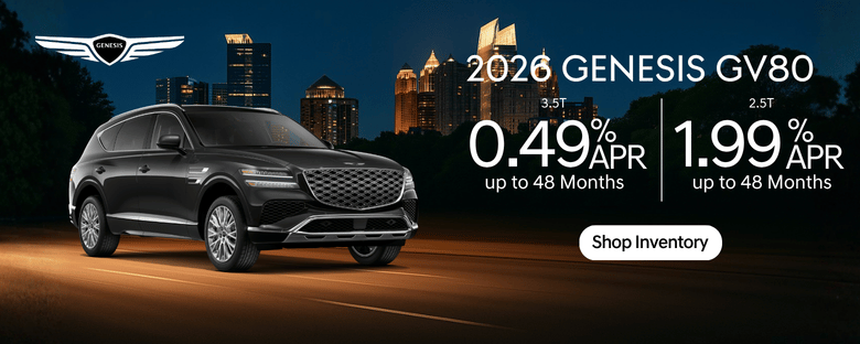 2026 Genesis GV80 driving on a road with promotional text offering 0.49% APR financing for up to 48 months on 3.5T trims and a Shop Inventory call to action.