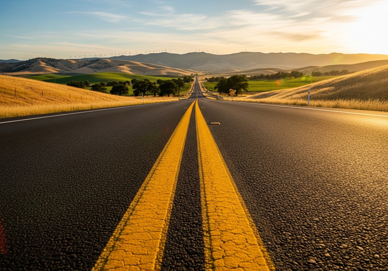California roadway near Bakersfield at golden hour