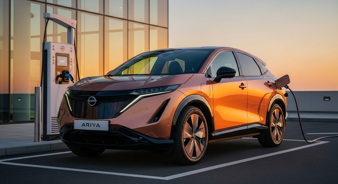 Front three-quarter view of a copper Nissan Ariya electric SUV parked at a modern DC fast-charging station outside a glass building at sunset, highlighting its aerodynamic crossover shape, LED lighting, and zero-emission capability.