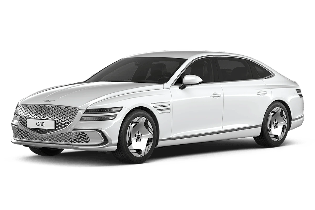 White Genesis Electrified G80 shown from a front three-quarter angle.