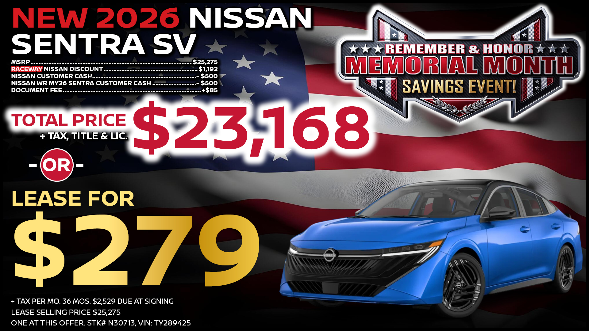 2026 Nissan Sentra SV Lease Special