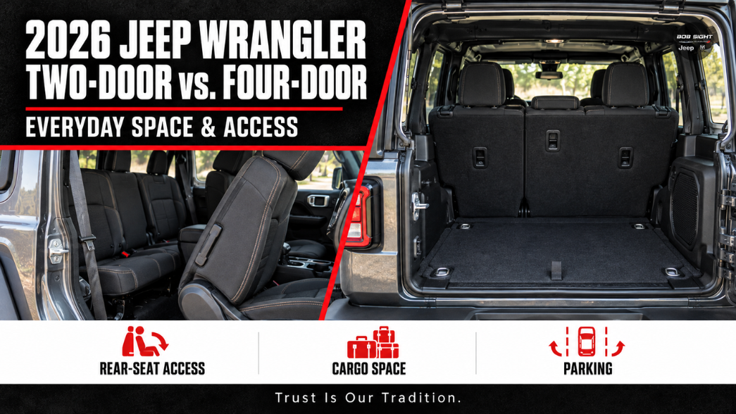 2026 Jeep Wrangler two-door vs. four-door guide showing rear-seat access and cargo space for Bob Sight CDJR shoppers in Lawrence, KS.