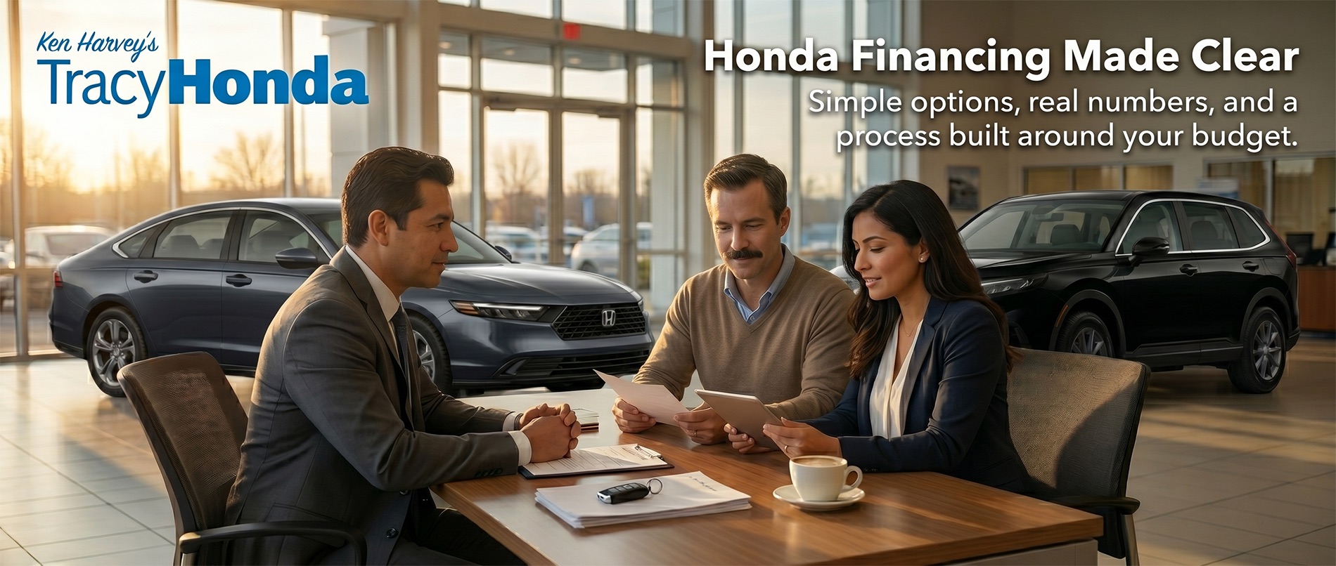 Couple reviewing auto financing options with a Tracy Honda finance specialist inside a showroom with Honda Accord and CR-V in the background