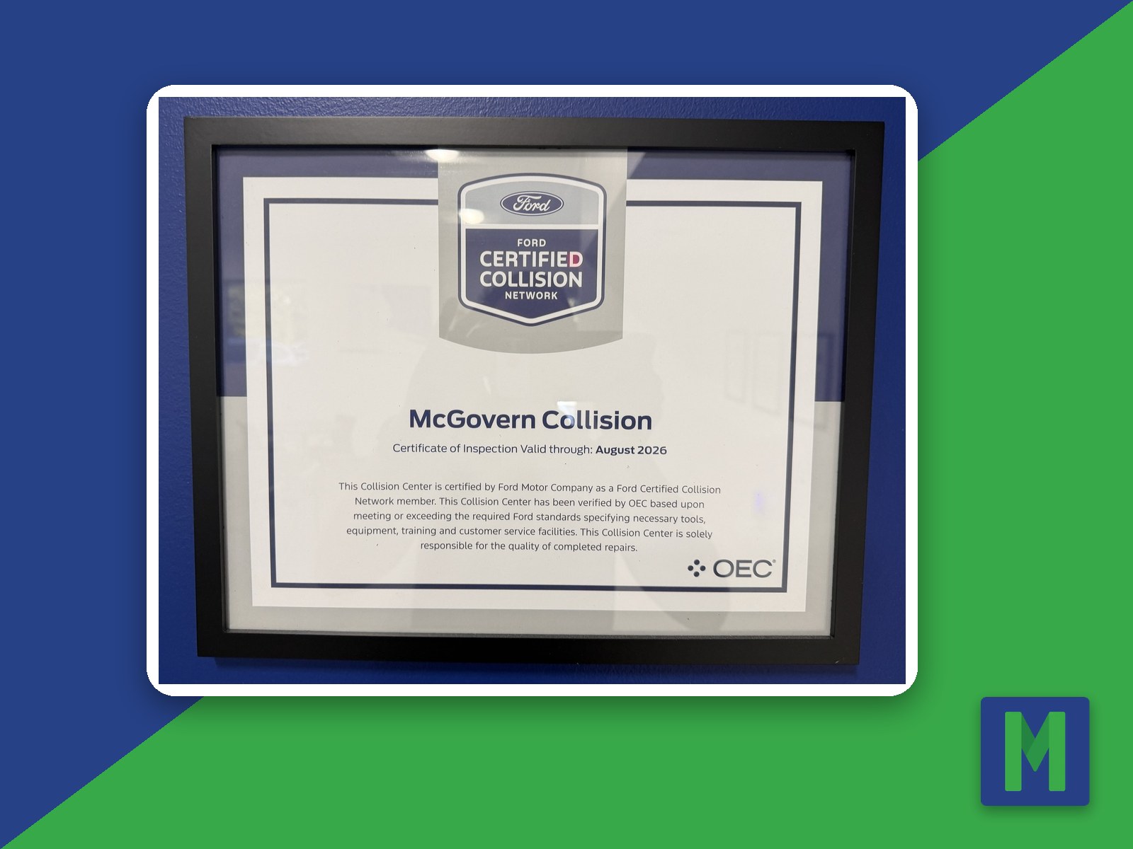 Ford Certified Collision Network certificate at McGovern Collision Center in Shrewsbury, MA