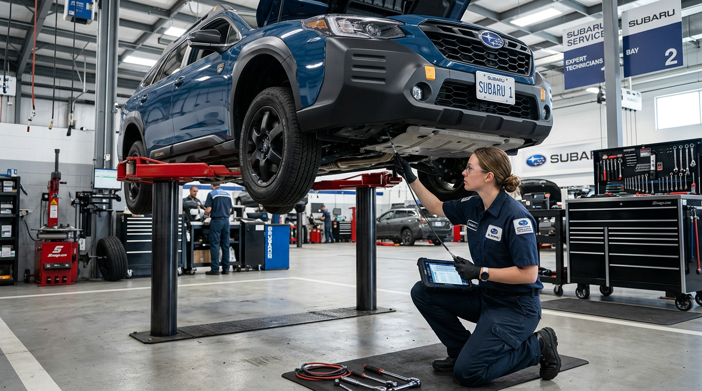 Subaru technician performing a vehicle inspection in a service bay