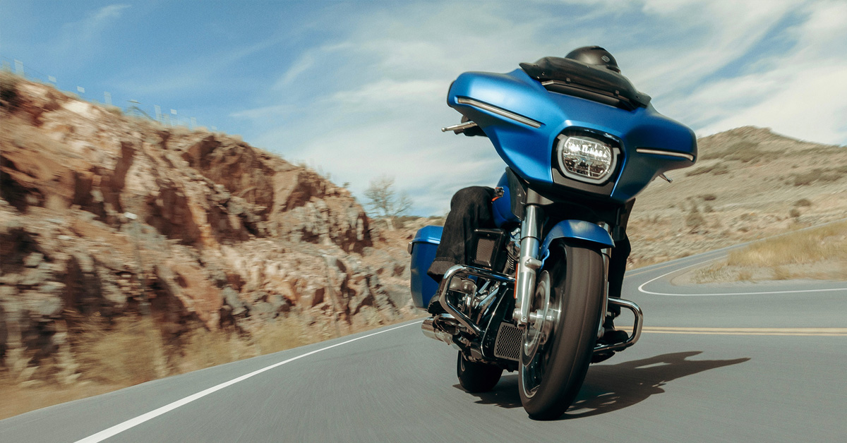 2026 Harley Davidson Road Glide Motorcycle Around A Curved Desert Road