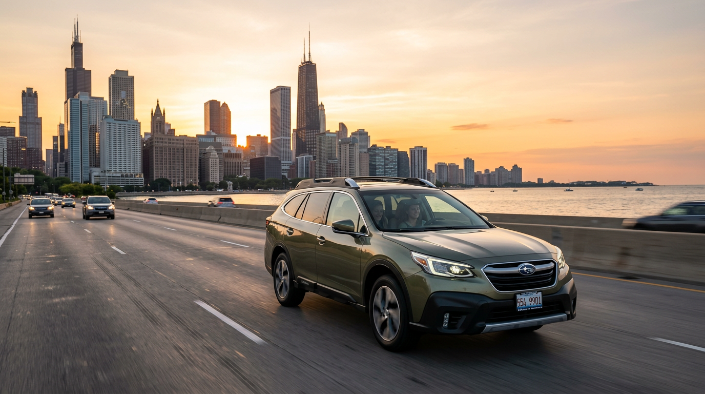 Chicago skyline at dusk with Lake Shore Drive traffic