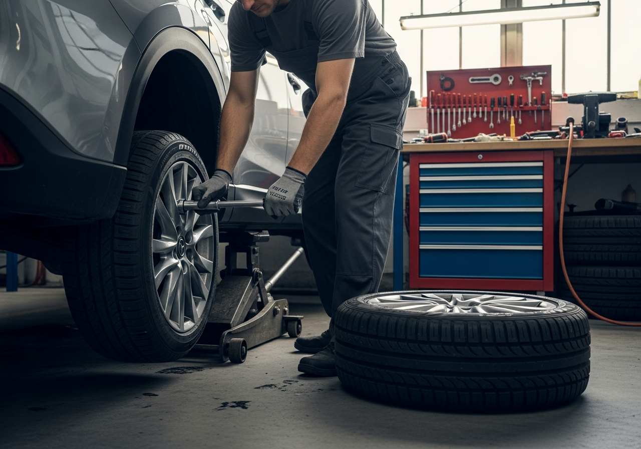 Mechanic rotating tires on a vehicle with a torque wrench