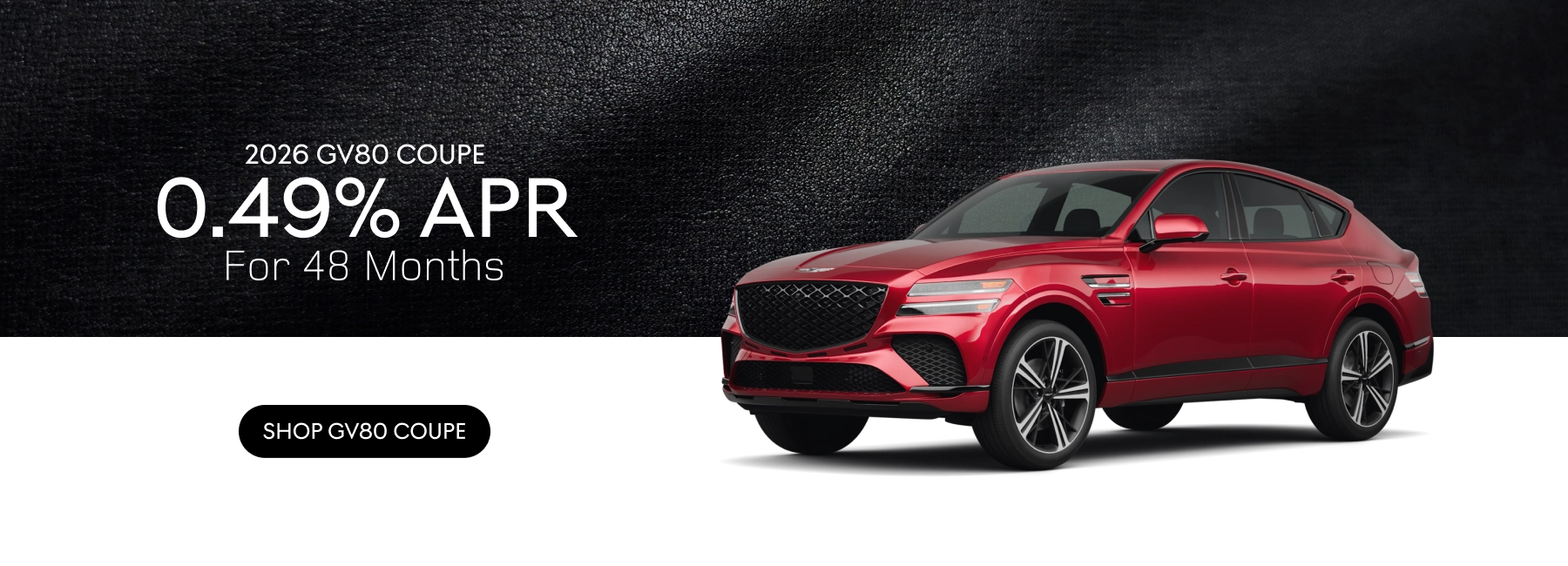 2026 Genesis GV80 Coupe in red with promotional offer of 0.49% APR for 48 months.