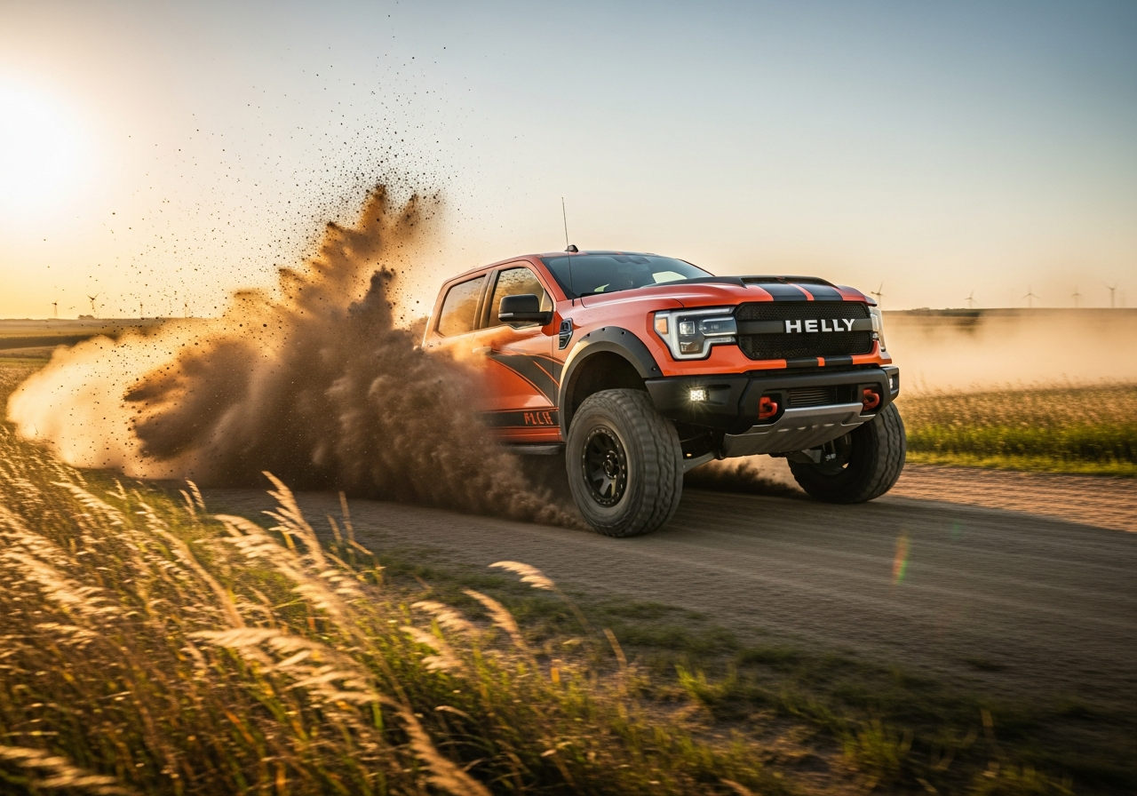 Off road performance pickup truck kicking up dust on a dirt road