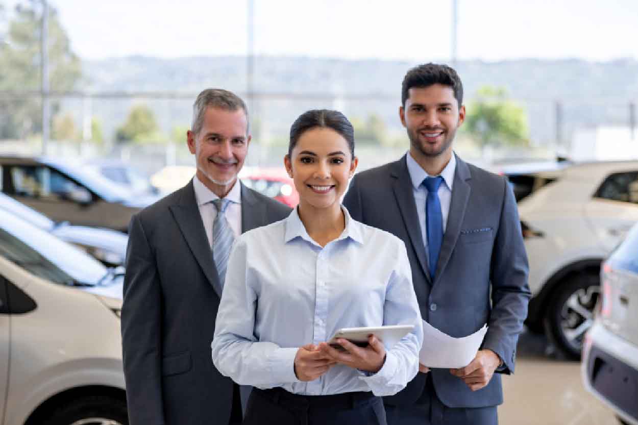 Group of World Automotive car dealership workers looking at the camera ready to help the next customer as a team of professionals.