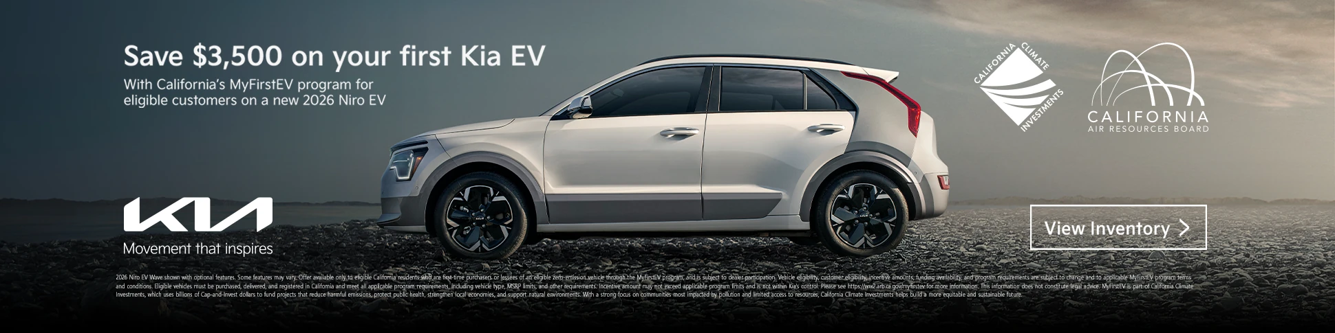 Save $3,500 on a new 2026 Kia Niro EV through California's MyFirstEV program for eligible first-time EV buyers.