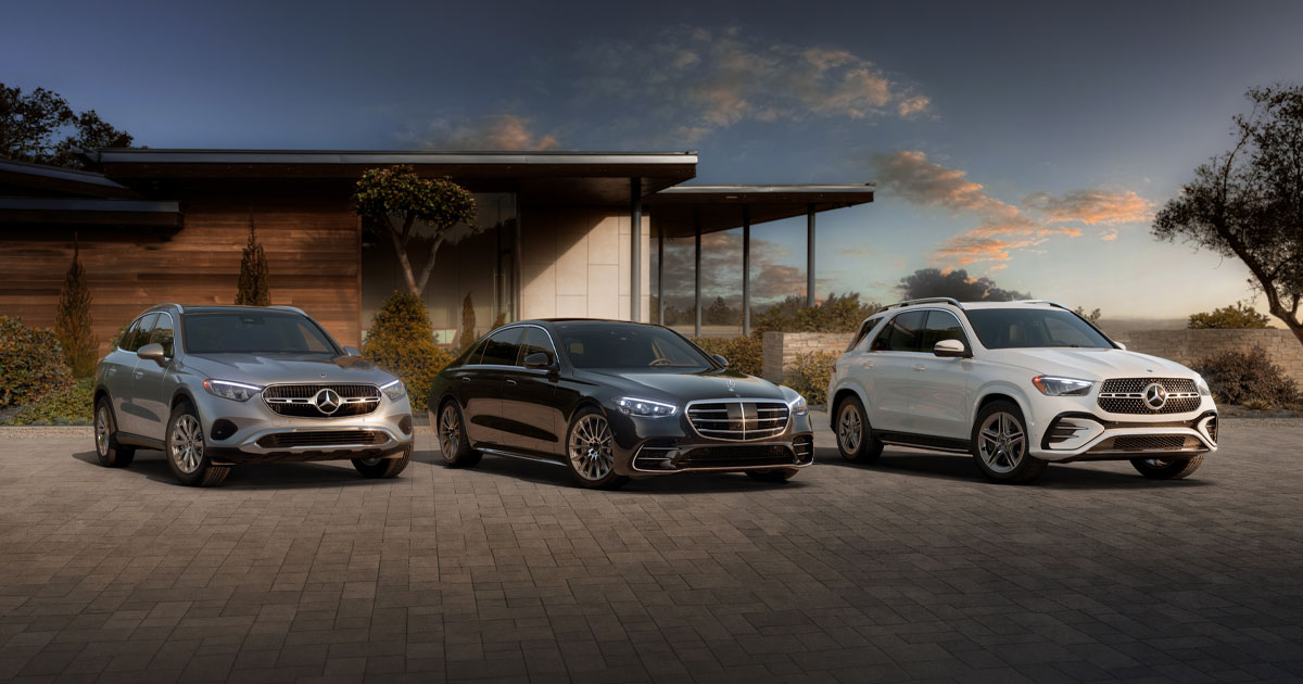 Three luxury Mercedes-Benz vehicles parked in front of a modern home, including the GLC SUV (left), the S-Class Sedan (center), and the GLE SUV (right).