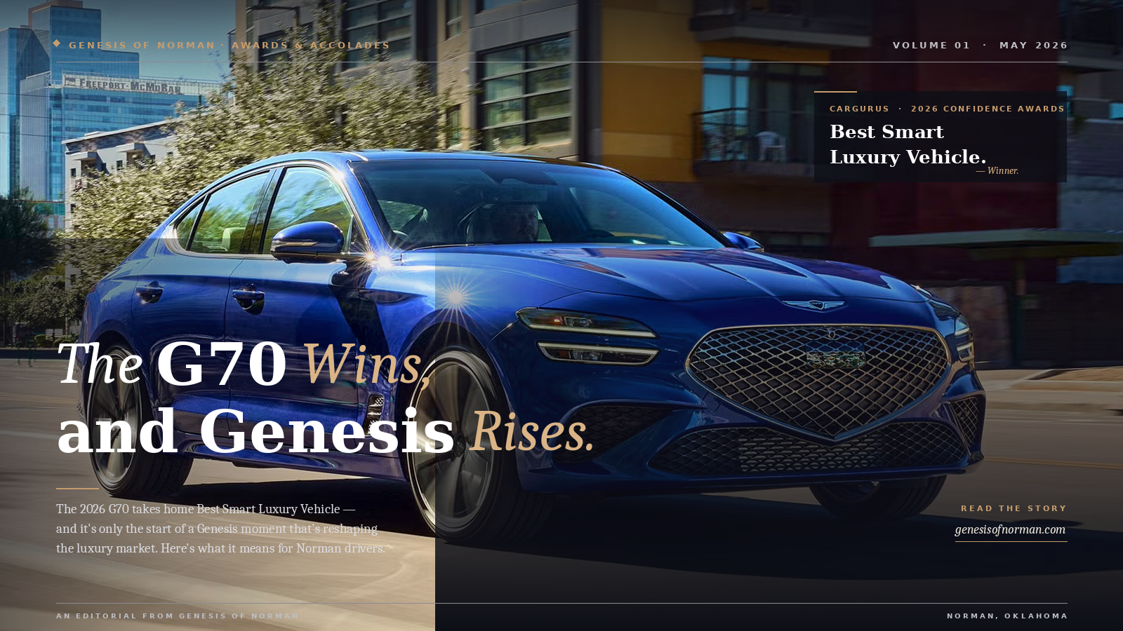 2026 Genesis G70 luxury sport sedan in Capri Blue, named Best Smart Luxury Vehicle by CarGurus' 2026 Confidence Awards, available now at Genesis of Norman serving the Oklahoma City metro and Norman, Oklahoma.
