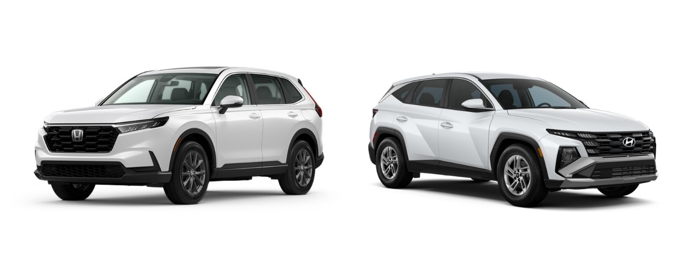 White 2026 Honda CR-V EX-L angled left and white 2026 Hyundai Tucson SE angled right