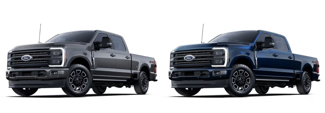 Carbonized Gray Metallic and Antimatter Blue Metallic 2025 Ford Super Duty Models on White Background