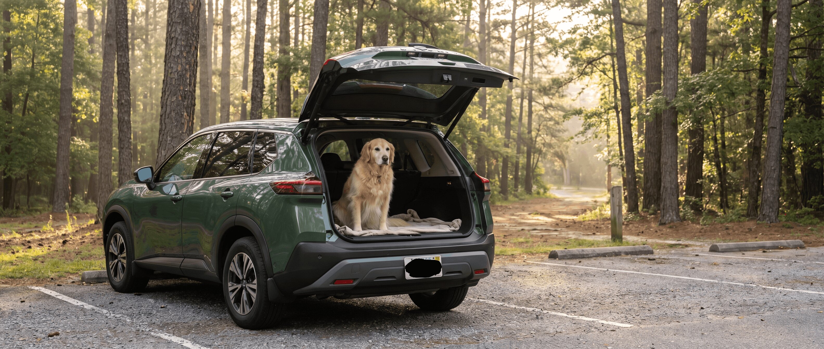 2026 Nissan Rogue with liftgate open at a Roswell GA dog-friendly trail, golden retriever in cargo area on a summer morning