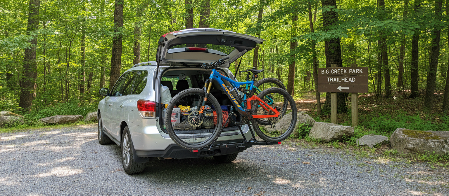 Nissan Pathfinder with bike rack at Big Creek Greenway Roswell GA trailhead.