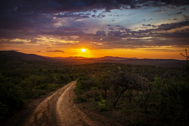 Sunset over a dirt road