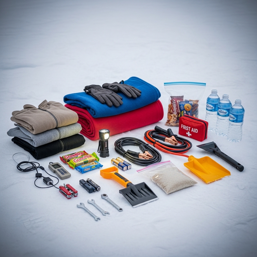 Winter car emergency kit laid out on a vehicle trunk