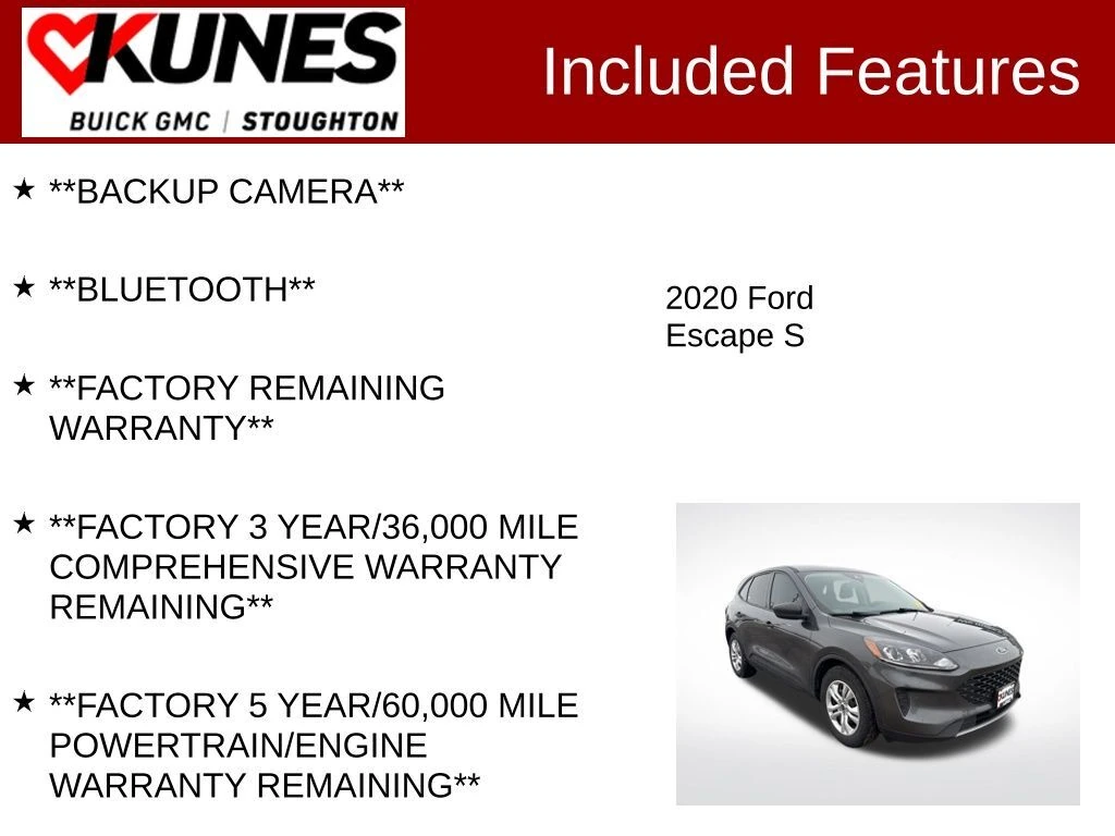 Used 2020 Ford Escape S with VIN 1FMCU0F62LUB96111 for sale in Stoughton, WI