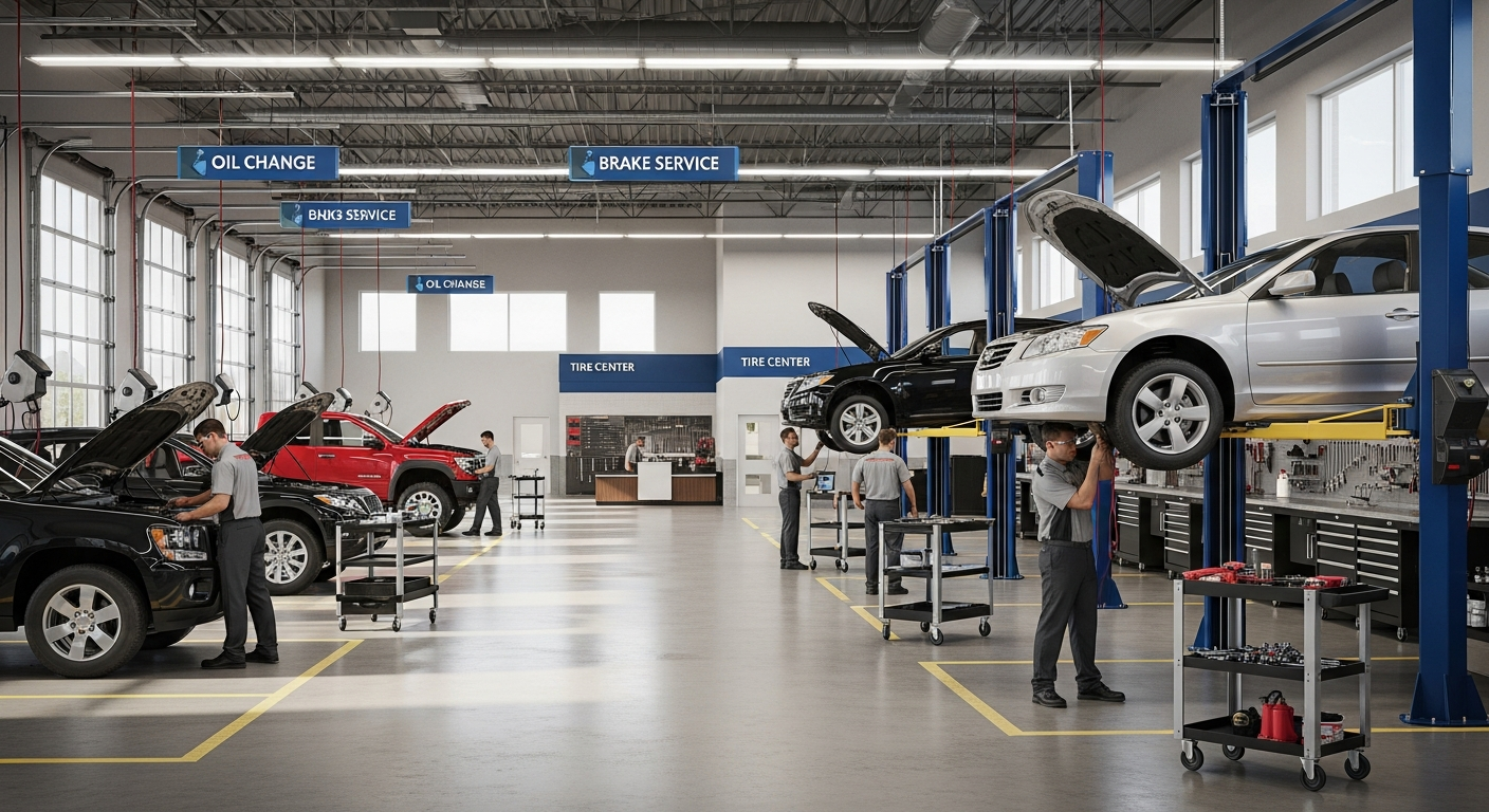 Mechanic inspecting vehicle on a lift in a service bay