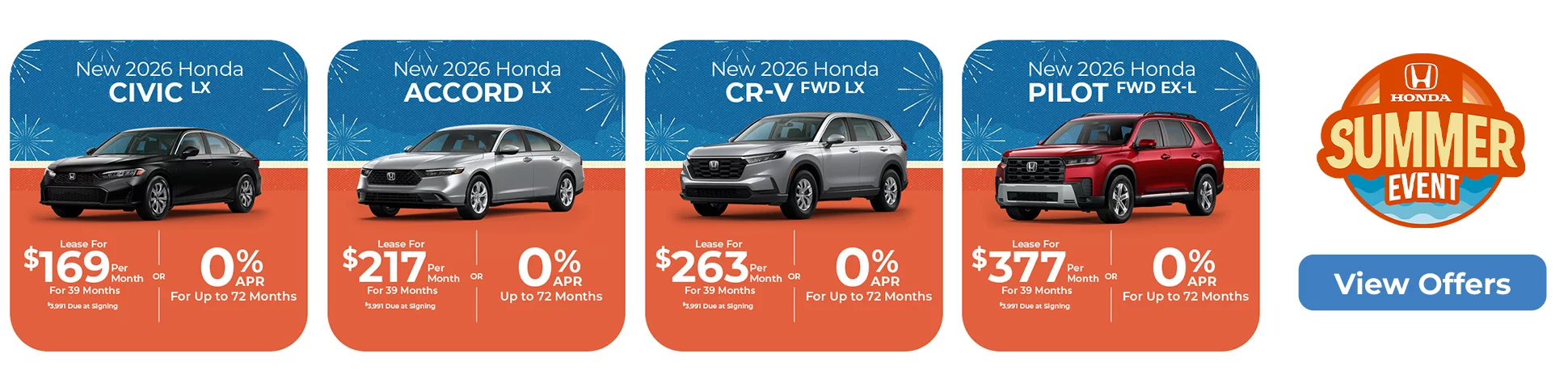 New 2026 Honda Civic LX, New 2026 Honda Accord LX, New 2026 Honda CR-V FWD LX, New 2026 Honda Pilot FWD EX-L