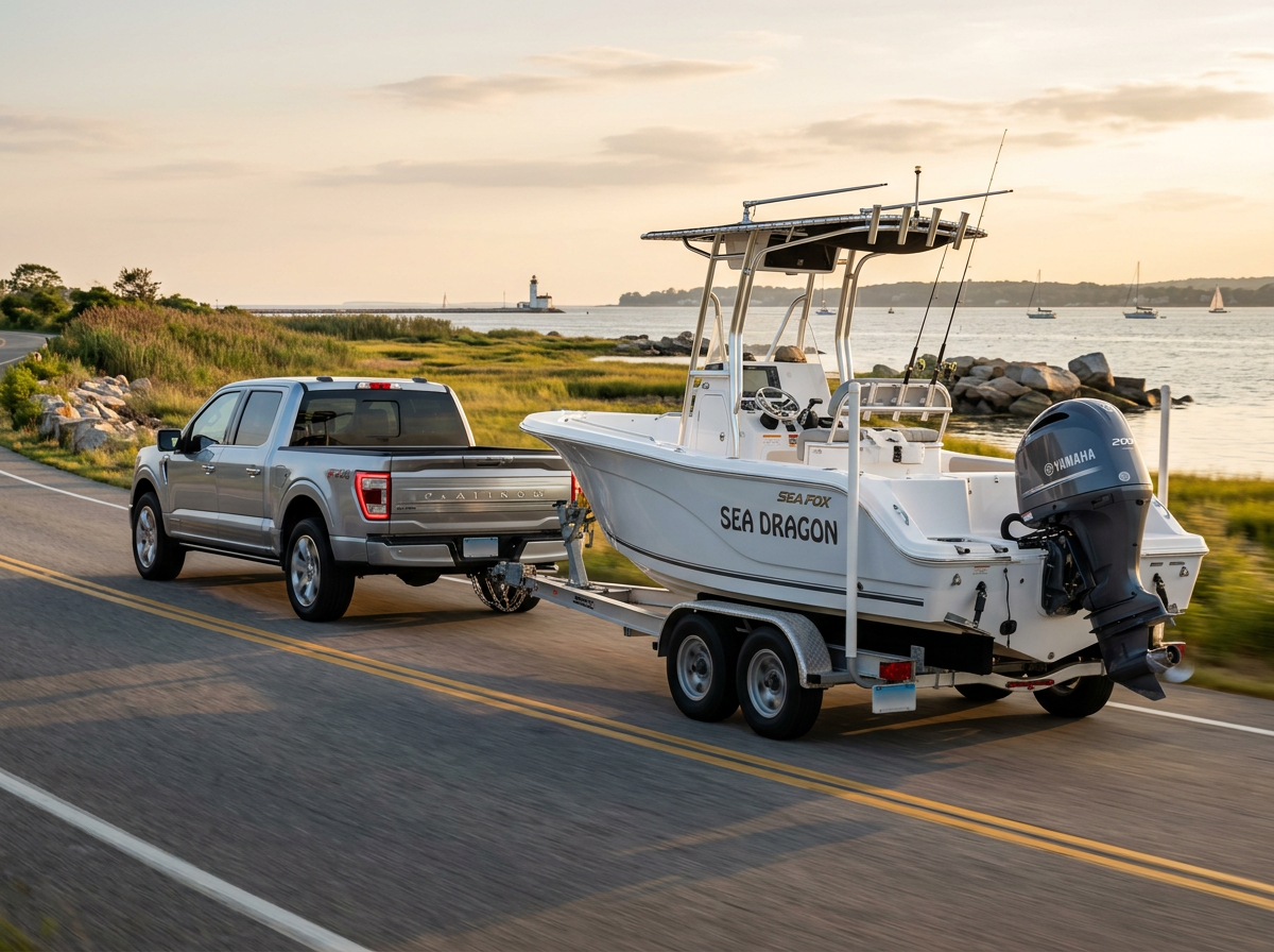 Ford F-150 towing a boat near the Connecticut shoreline