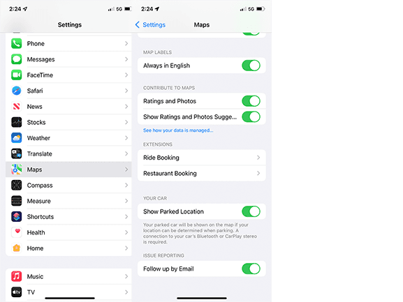 iPhone Maps settings with Show Parked Location turned on
