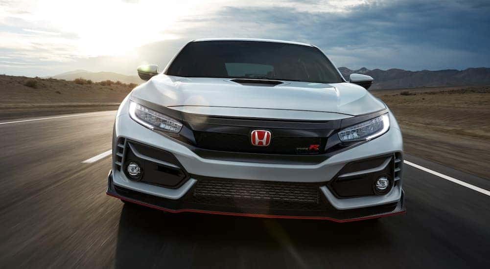 White 2020 Honda Civic Type R leaving one of the Honda dealers in Rochester.
