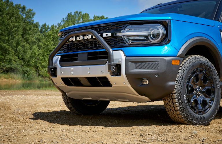 Blue 2025 Ford Bronco Sport with Sasquatch Package Front End with Grille Guard and 29-Inch Tires