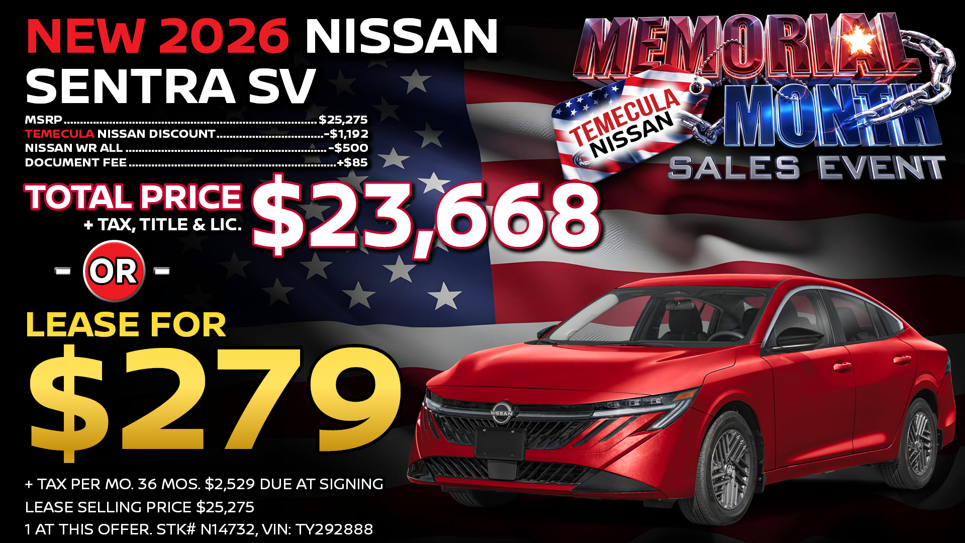 2026 Nissan Sentra SV Lease Special