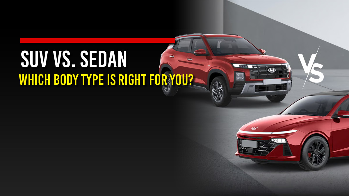 Red Hyundai Creta compact SUV and red Hyundai Verna sedan shown side by side with a “VS” graphic, next to the headline “SUV vs. Sedan: Which Body Type Is Right for You?