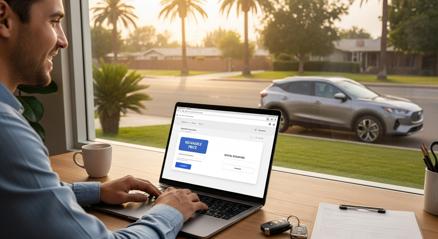 Customer completing a no-haggle online car purchase