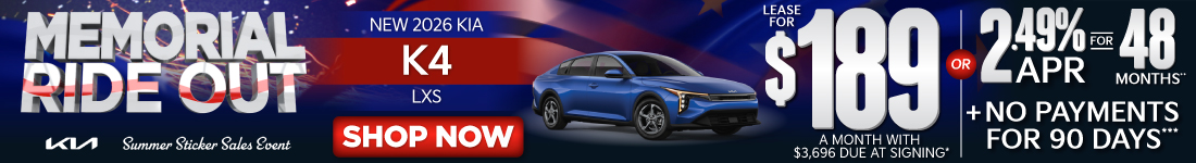 NEW 2026 Kia K4 LXS	"LEASE FOR $189/MO with $3,696 due at signing* OR 2.49% APR for 48 months** PLUS, NO PAYMENTS FOR 90 DAYS***"
