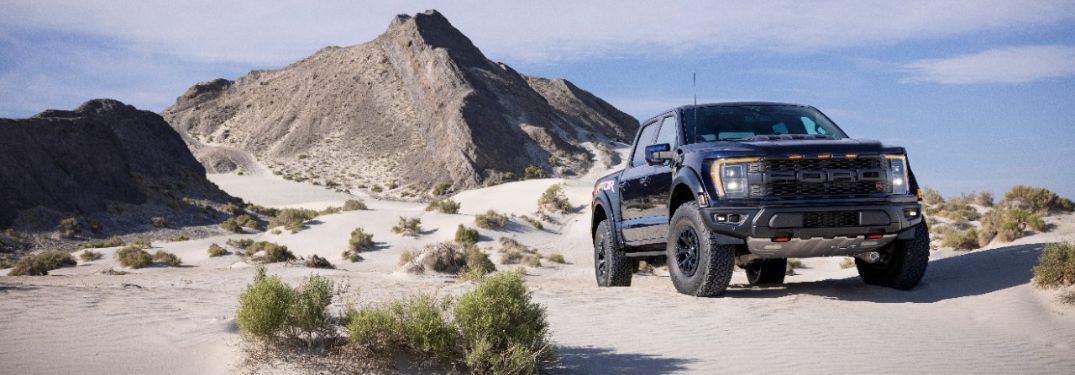 Blue 2023 Ford F-150 Raptor R Front Exterior in a Desert