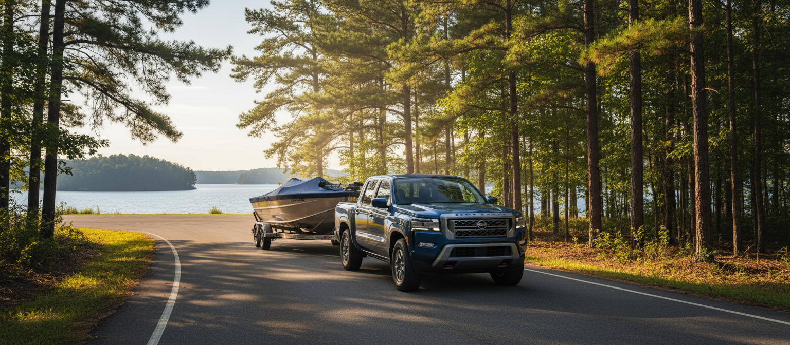 Nissan Frontier towing boat to Lake Lanier near Roswell GA