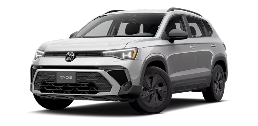 2027 Volkswagen Taos in silver, front three-quarter studio view