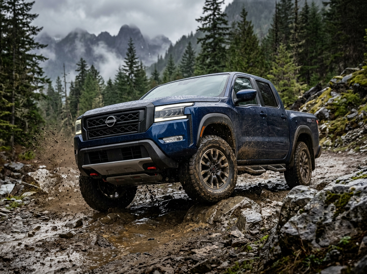 Nissan Frontier tackling rough terrain to demonstrate durability.
