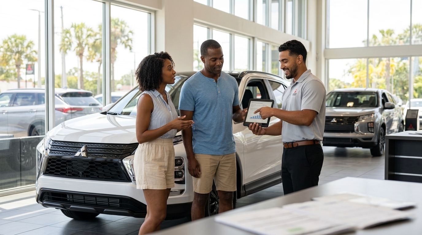 A car salesman showing financial details on a tablet to a couple inside a Mitsubishi dealership showroom. (Representative image for illustration purposes only. Actual vehicle may vary based on trim and configuration.)